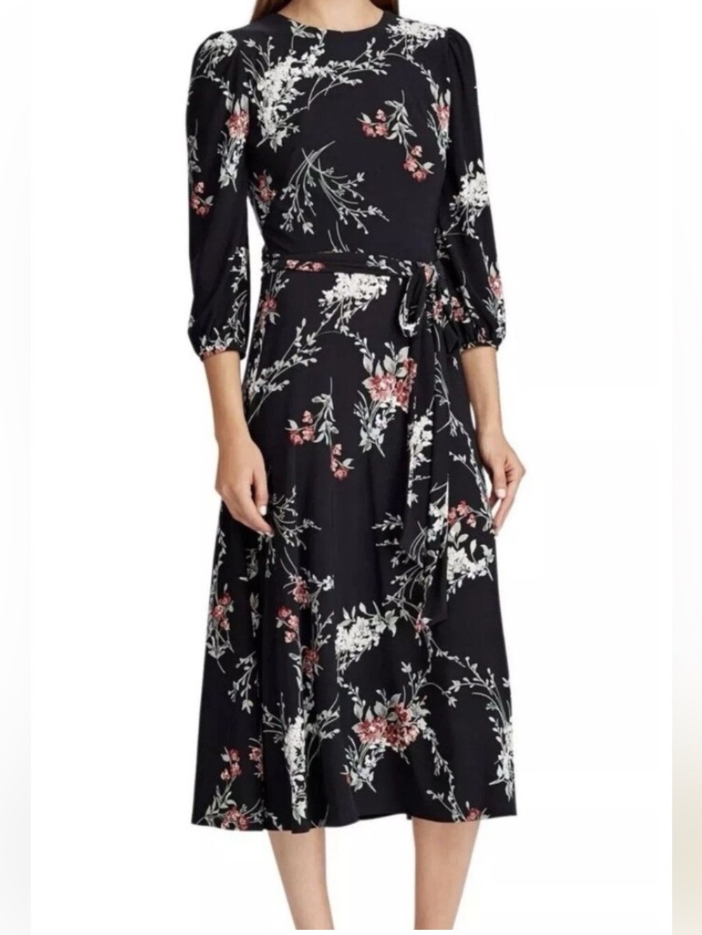 Lauren Ralph Lauren Black Floral Midi Dress with Pink & White Blooms